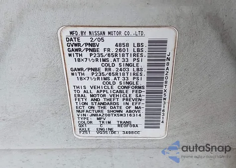 2005 Nissan Murano S из США, поврежденный, VIN JN8AZ08TX5W316314